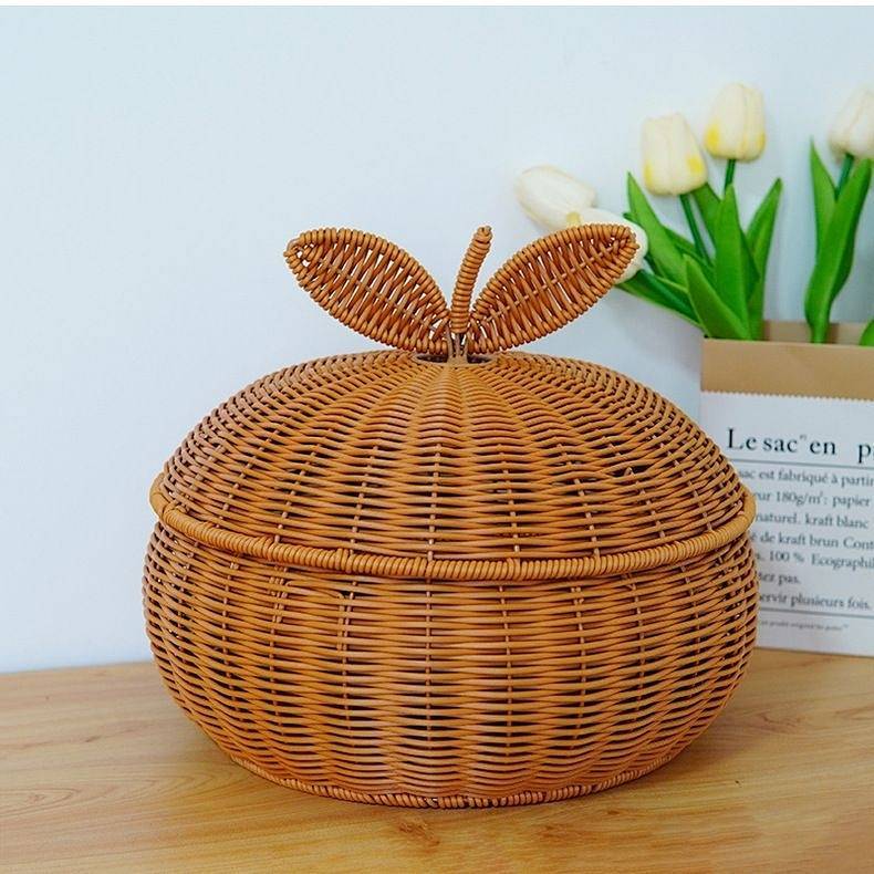 Rattan Orange Shape Storage Basket Living Room Woven Snacks Fruit Basket Household round with Lid Fc