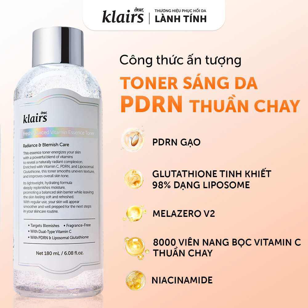 Nước hoa hồng Dear, Klairs Freshly Juiced Vitamin Essence Toner hỗ trợ làm sáng da 180ml [FS] | BigBuy360 - bigbuy360.vn