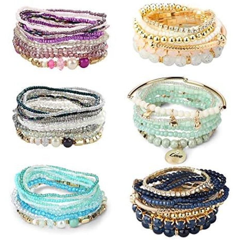 LOYALLOOK 6 Sets Bohemian Stackable Bead Bracelets for Women Stretch Bohemian Style Stretch Multilay