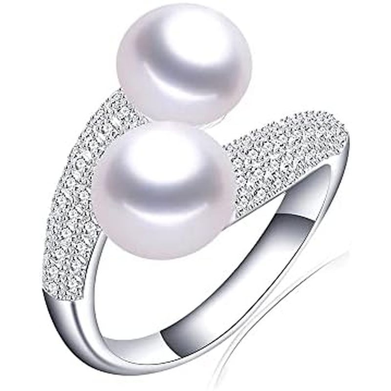 Pearl Ring Open Twist Stacking Rings for Women Freshwater Bread Pearl with Zirconia Adjustable Cross