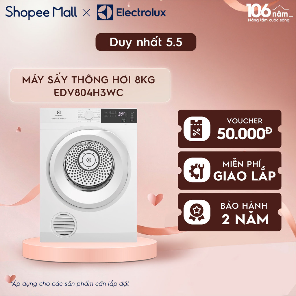 Free giao lắp - Máy sấy thông hơi 8KG Electrolux EDV804H3WC - sấy đảo chiều chống nhăn, diệt khuẩn, bền màu | BigBuy360 - bigbuy360.vn