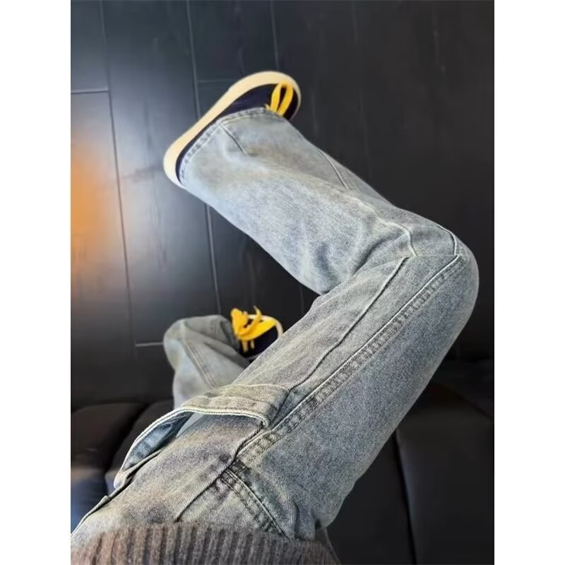 Niche Design Sense Blue Lightning Pattern Jeans Nam Thẳng Phong Cách Mỹ Quần High Street Micro loe Q