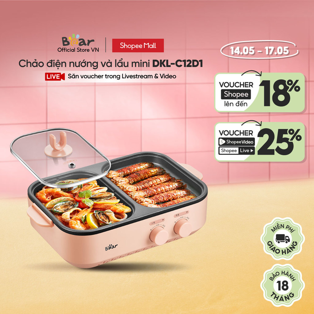 Bếp Nướng Lẩu Điện mini 1L 2in1 Bear DKL-C12D1 - Chính Hãng - BH 18 Tháng