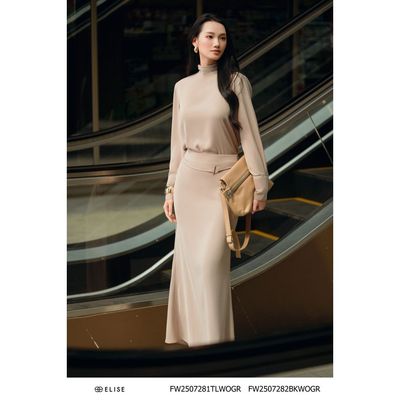 Jupe nâu ghi Pk đai eo thiết kế Elise mã FW2507282BKWOGR