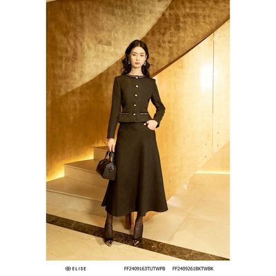 Chân váy tweed đen KT bạc thiết kế Elise FF2409261BKTWBK