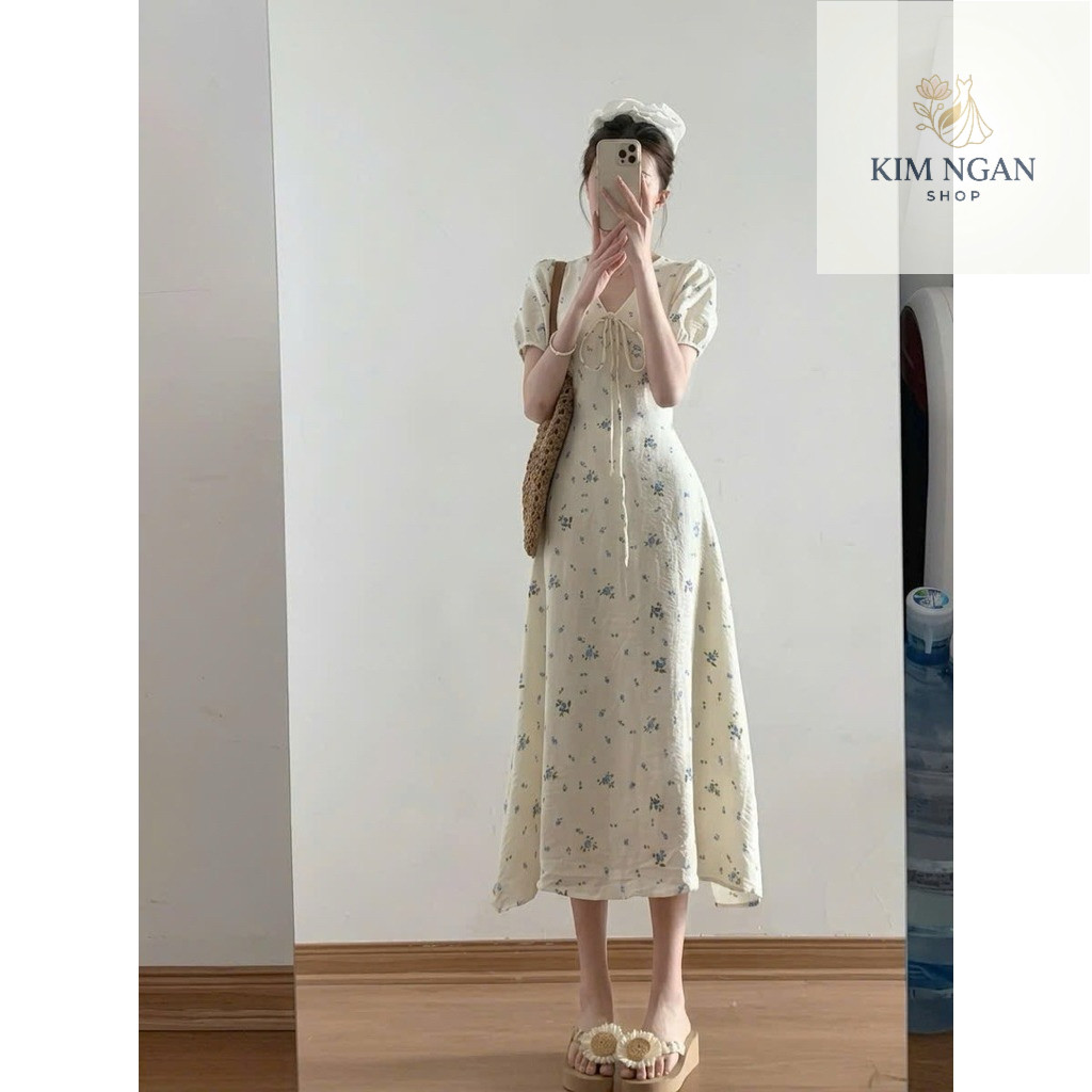Váy hoa nhí cổ V bèo tay phồng dáng dài tiểu thư 2 lớp Kim Ngan Shop - V97
