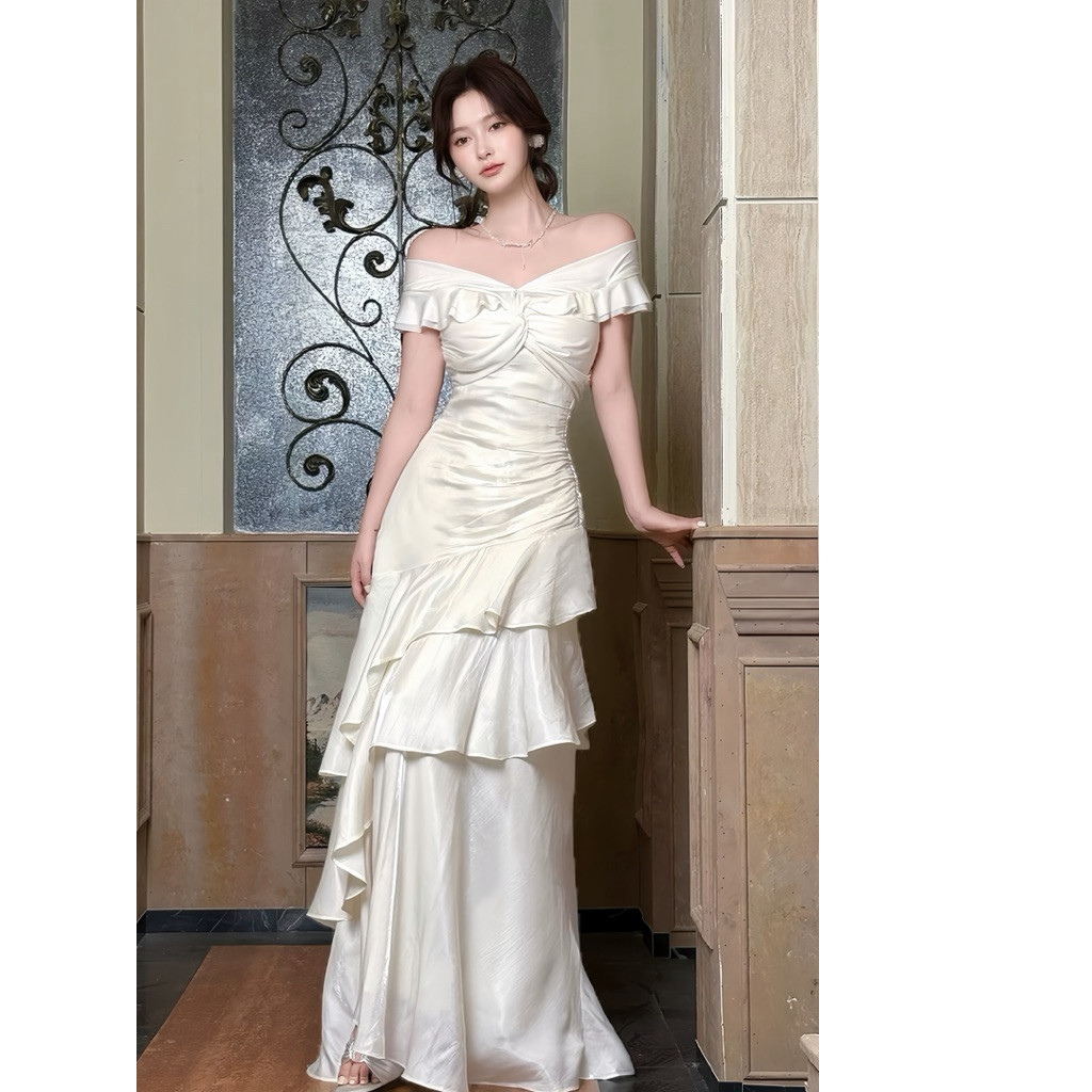 LINA BOUTIQUE' DP13 ĐẦM PHI TRẮNG BẸT VAI 3 TẦNG