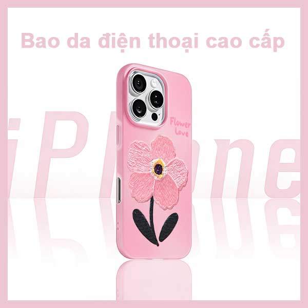 Ốp Lưng iPhone Hoa Hồng Thêu Dễ Thương Màu Hồng Nhẹ  iP 11/12/13/14/15/16/17/Plus/Pro/Max