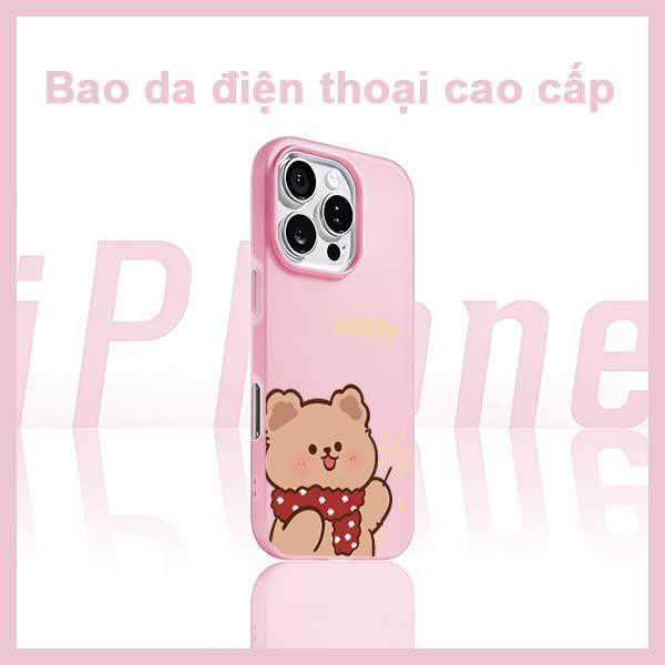 Ốp Lưng iPhone Gấu Nâu Happy Khăn Đỏ Dễ Thương   iP 11/12/13/14/15/16/17/Plus/Pro/Max