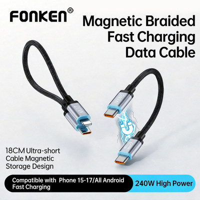 Cáp từ tính sạc nhanh Fonken PD240W Type-C sang Type-C PD27W Type-C sang iOS Dây dữ liệu ngắn cho điện thoại Laptop