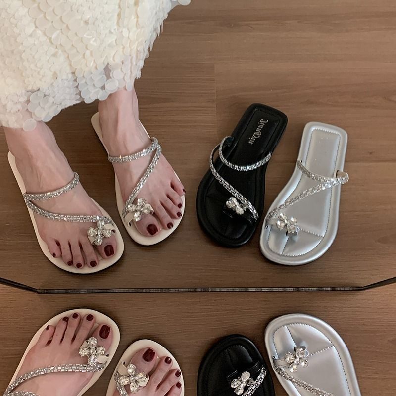 Flip-Flops Nữ Lười Phong Cách Phẳng Đi Biển Kim Cương Giả Pháp Flip-Flops Flip-Flops Nữ