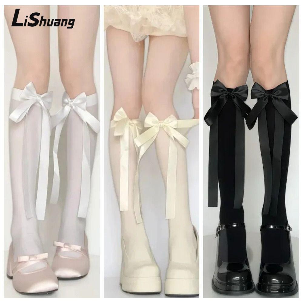 LISHUANG 1 Cặp Tất lolita, Tất ống giữa nơ Nylon, Tất nơ trắng đen lolita mùa xuân hè