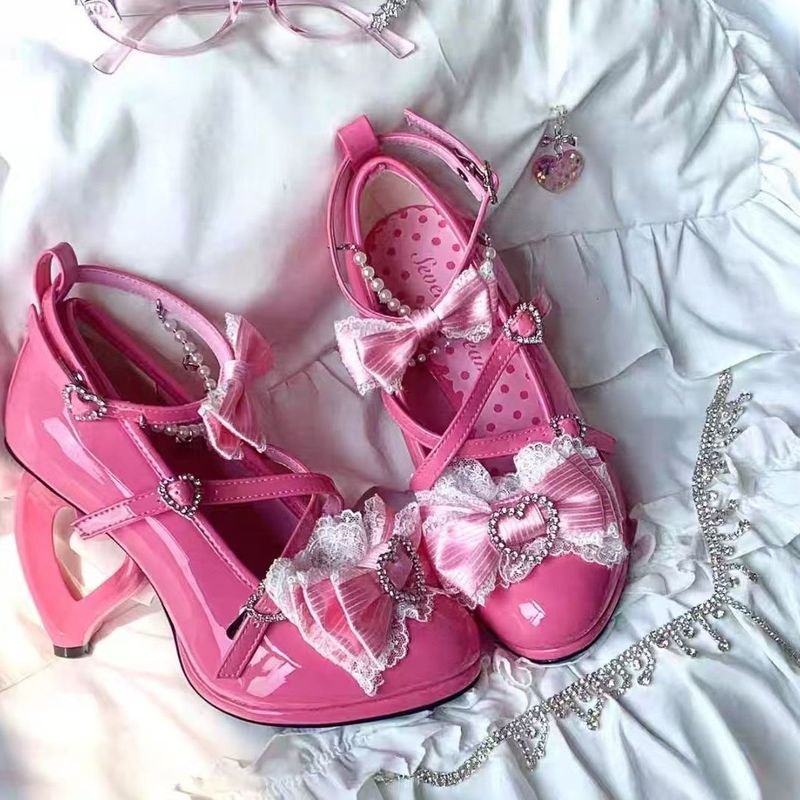 [Showa Love Color] Ji Series Love Gót Sandal Ren Nơ Y2K Hot Girl Gothic Cao Gót