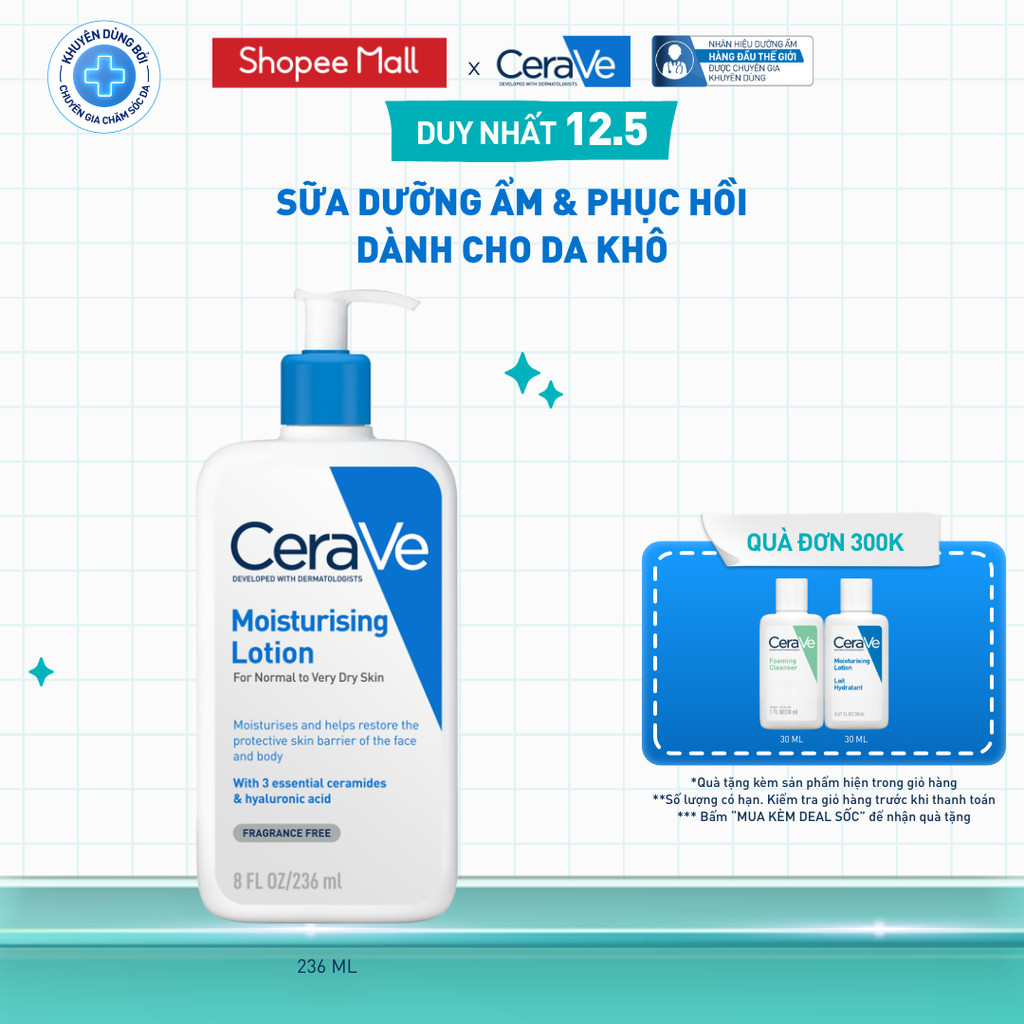 Sữa dưỡng ẩm phục hồi chuyên sâu và giữ da ẩm mịn suốt 48H, duy trì hàng rào bảo vệ da CERAVE MOISTURISING LOTION 236ML
