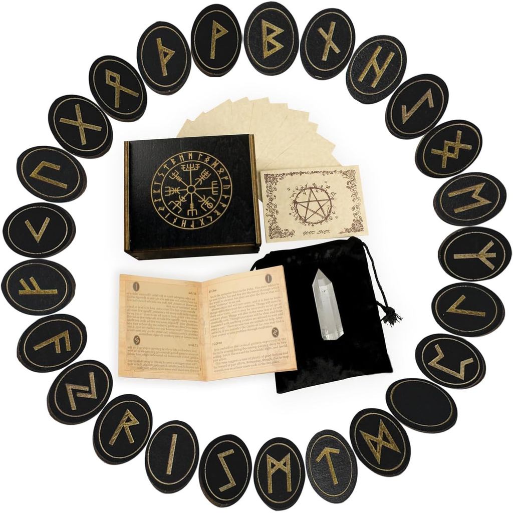 Runes, Bộ Runes bằng gỗ kèm Sách hướng dẫn, Pha lê chữa bệnh, Giấy nghi lễ, Túi Tarot, Runa phù thủy