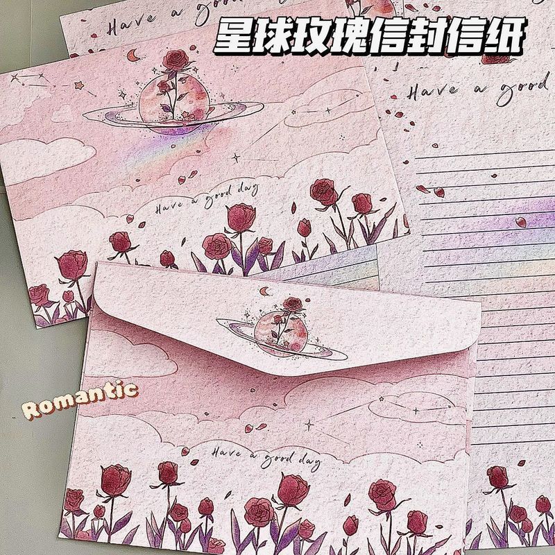 玫瑰星球信封信纸套装仪式感ins风高颜值手写手写信纸蜡笔玫瑰花Cute envelope, letter paper, handwritten letter, cartoon, high-value 