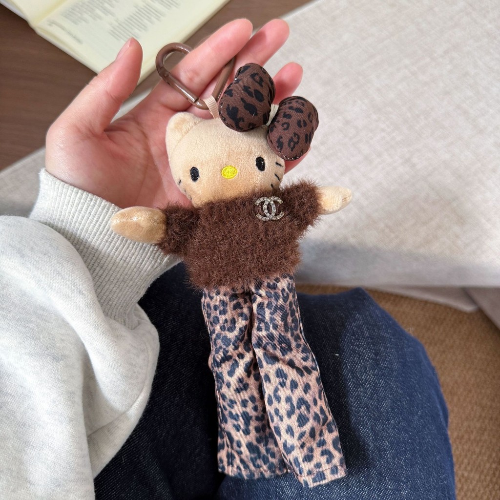 Shop New Long Leg Hello Kitty Bag Pendant Pink Leopard Print Plush Puppet and Doll Keychain Decorati