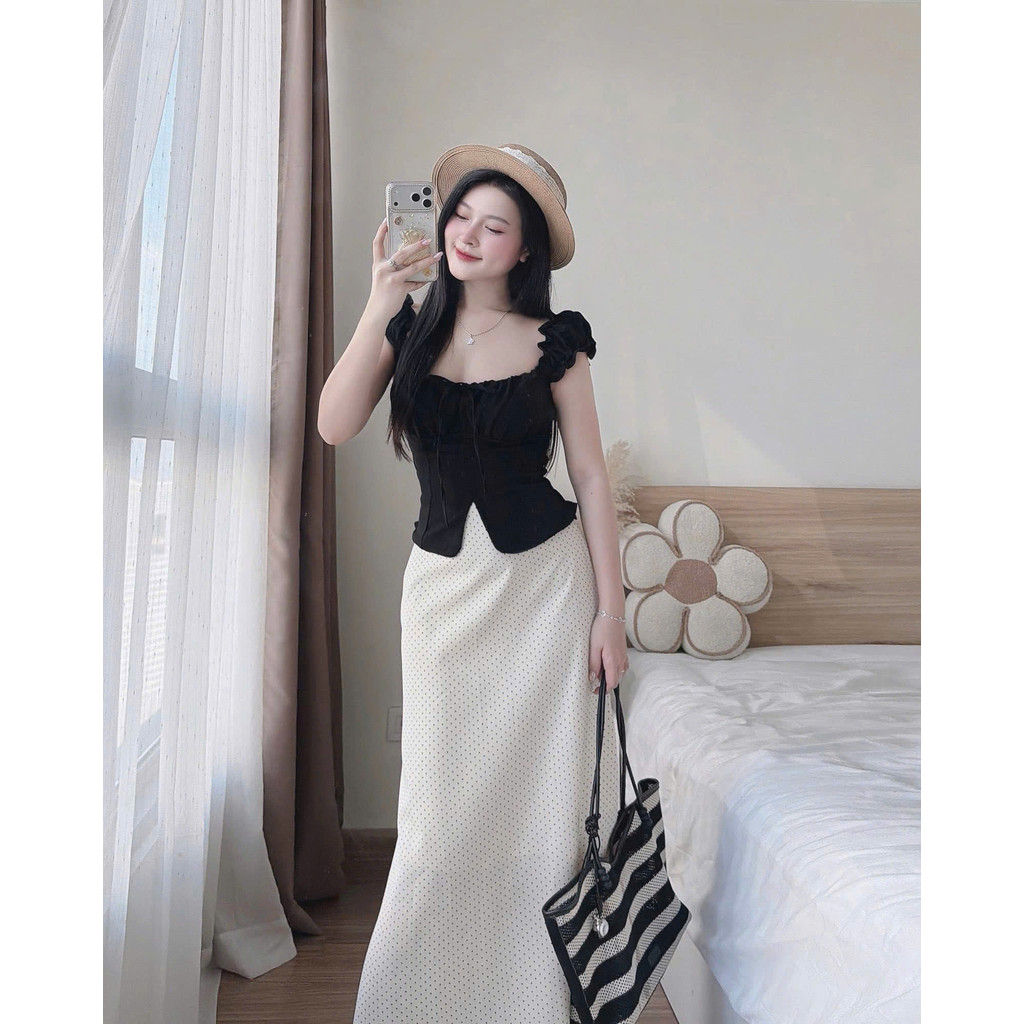 Set Áo Kiểu Day Rút Kèm Chân Váy Bút Chì DH7230 Thời Trang Nữ Đi Biển Chất Ren Đi Chơi Đều Xinh Dáng