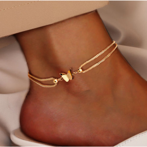 Luxurious Double Chain Design Trendy Butterfly Pendant Titanium Steel Anklet for Women