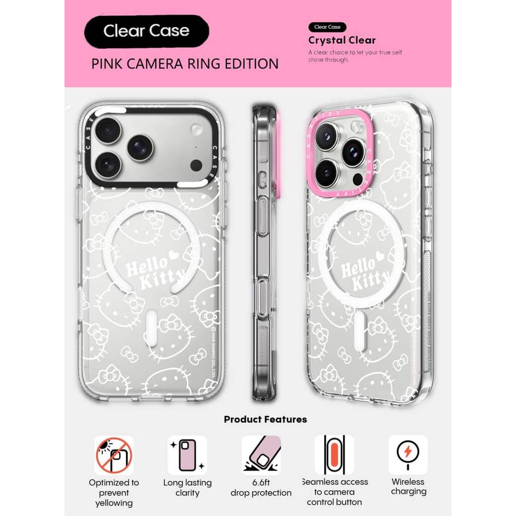 CASECASE X Hello Kitty seal Case HỒNG CAMERA RING EDITION Tác động Vỏ hút từ tính trong suốt cho iPh