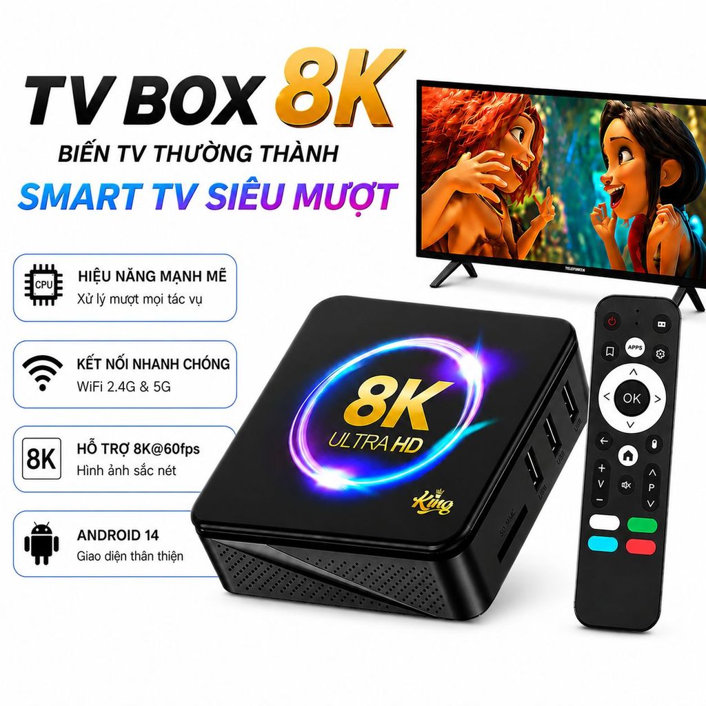 Android TV Box 8K i96King chip Allwinner H313 Wifi 2 băng tần hỗ trợ xem phim chơi game mượt mà ổn đ