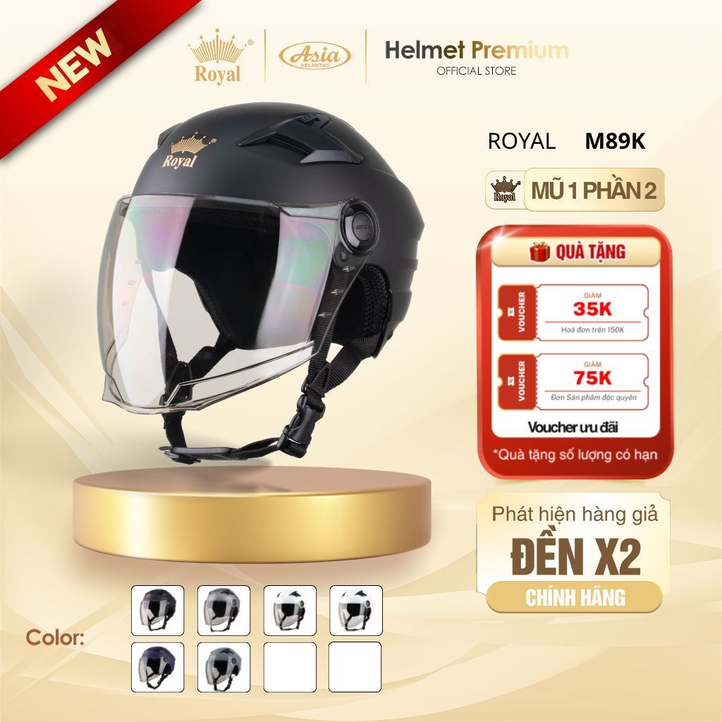 Mũ Bảo Hiểm 1/2 Có Kính Royal M89K Kính Dài Che Phủ Tối Ưu Có Lỗ Thông Gió Bảo Hành 12 Tháng