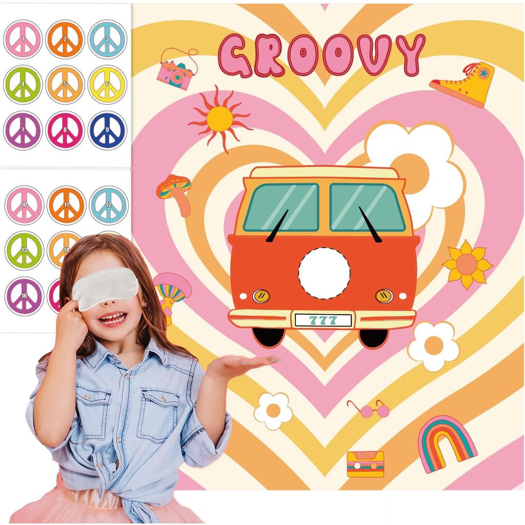 Trò chơi tiệc Groovy Hippie Pin Dấu hiệu hòa bình trên Trò chơi Hippie Van cho Groovy Peace Out Hipp