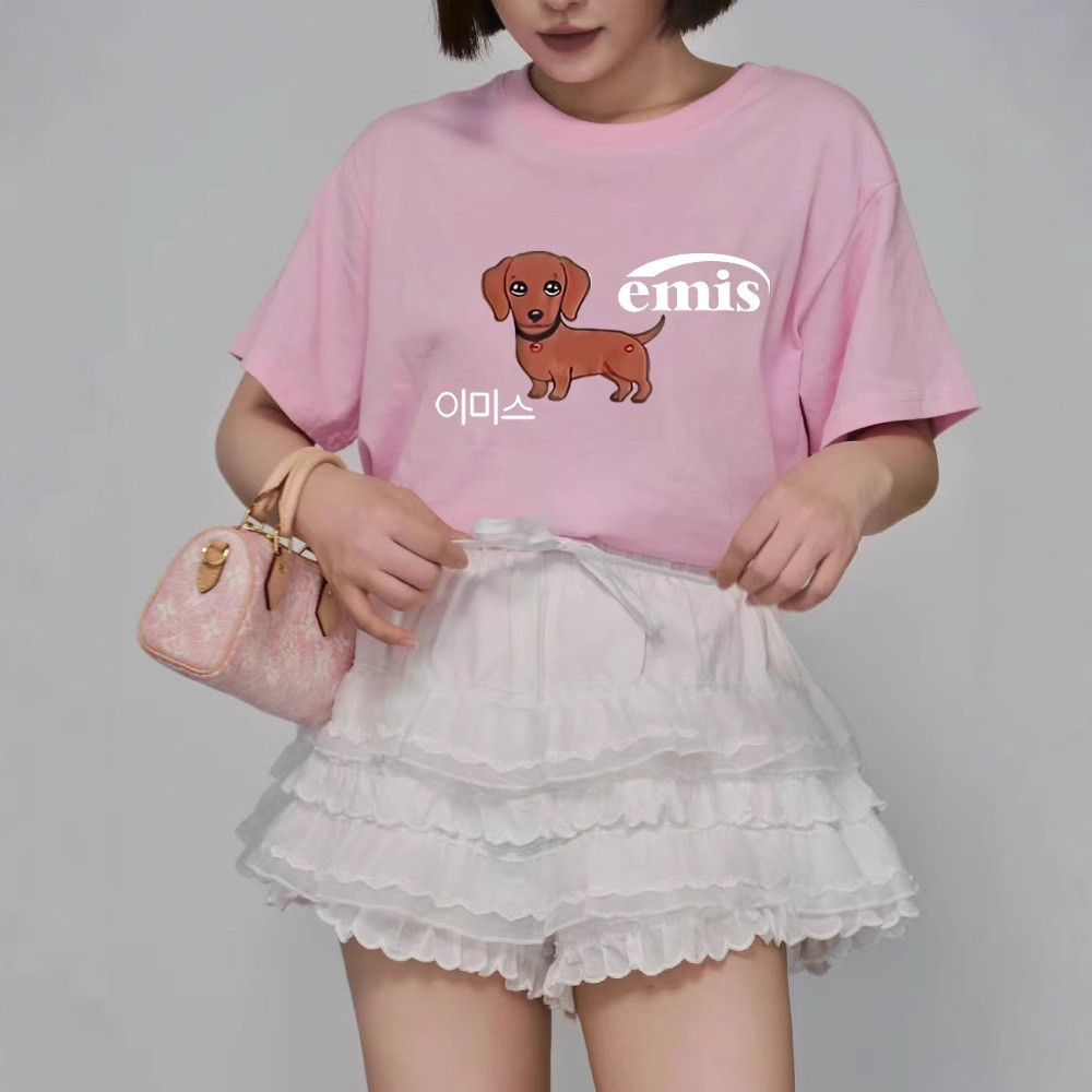 emis Korean trendy brand short-sleeve women's t-shirt with dachshund print, casual and versatile t W