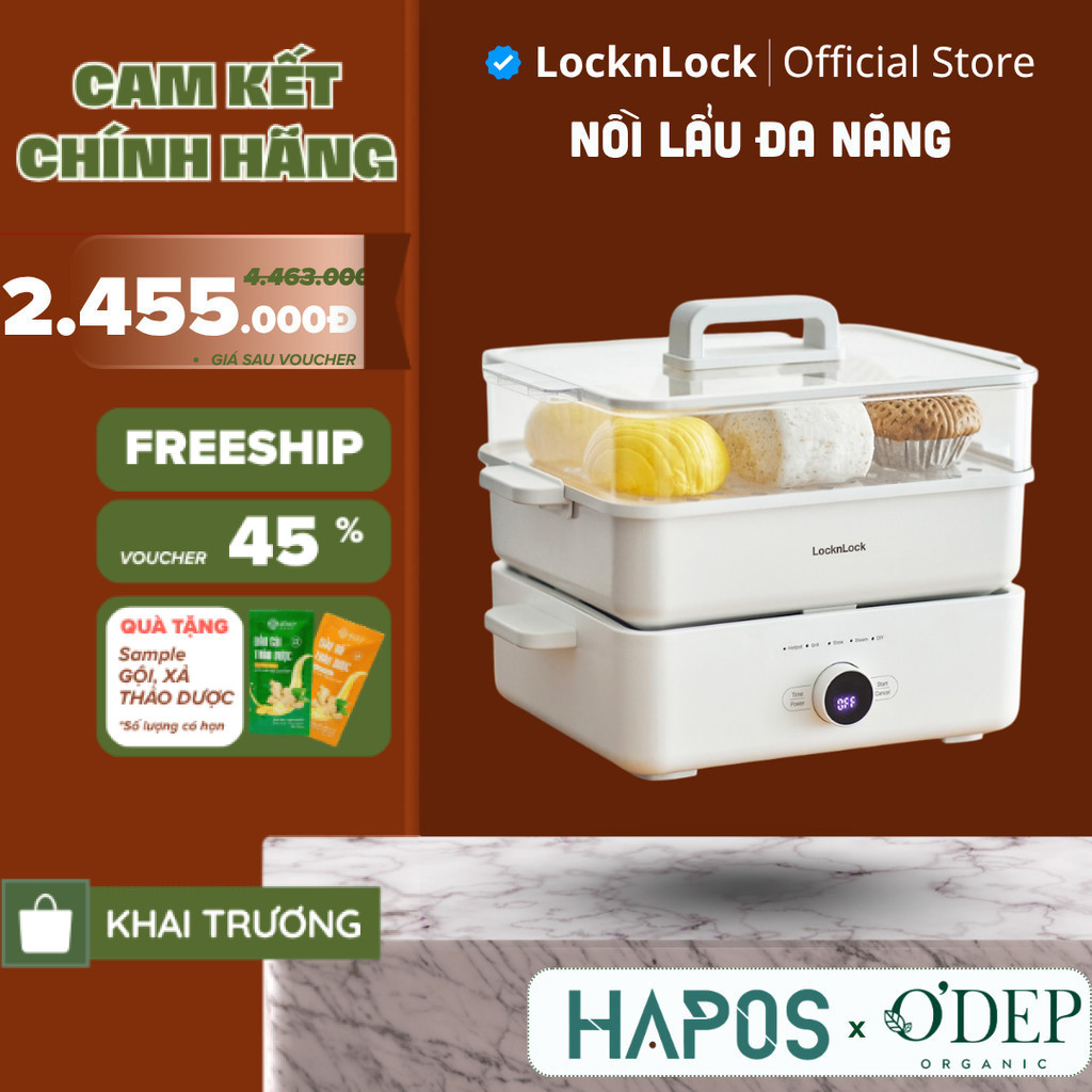 Nồi lẩu đa năng 4.5L Bianco phủ sứ LocknLock, Hàng chính hãng, chống dính, tay cầm cách nhiệt EJP154