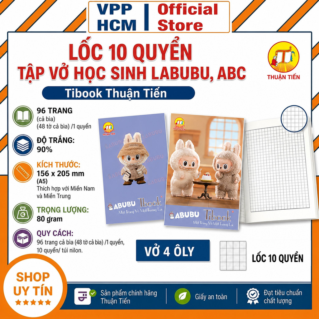 (Lốc 10 Quyển) Tập Vở Học Sinh LABUBU – ABC Tibook Thuận Tiến 96 Trang A5 – Giấy 80gsm, Vở 4 Ô Ly