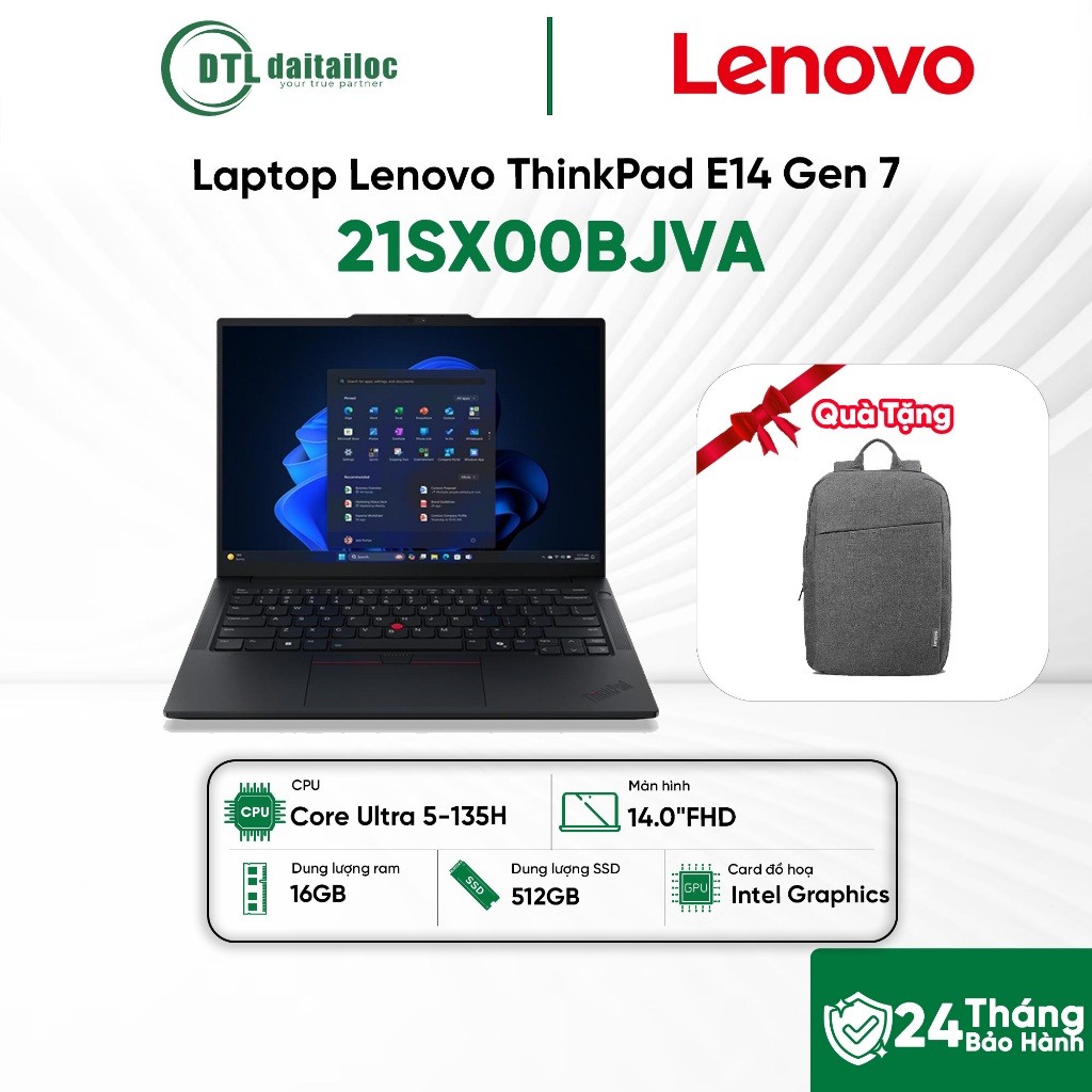Laptop Lenovo ThinkPad E14 Gen 7 Core Ultra 5-135H 16G 512Gb SSD 14" WUXGA No OS ĐEN 21SX00BJVA Tặng