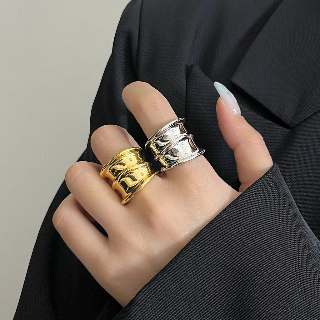 Mirror-finish wide multi-layer concave ring for women, high-end vintage gold-tone plain band ring