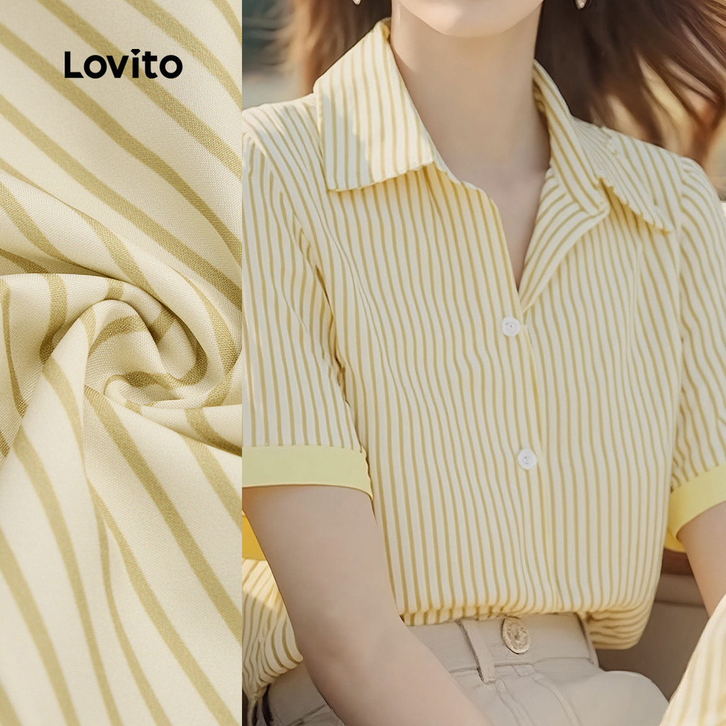 Lovito Áo sơ mi nữ cách điệu màu sắc cho mùa xuân/hè áo sơ mi vàng thoải mái L154ED485