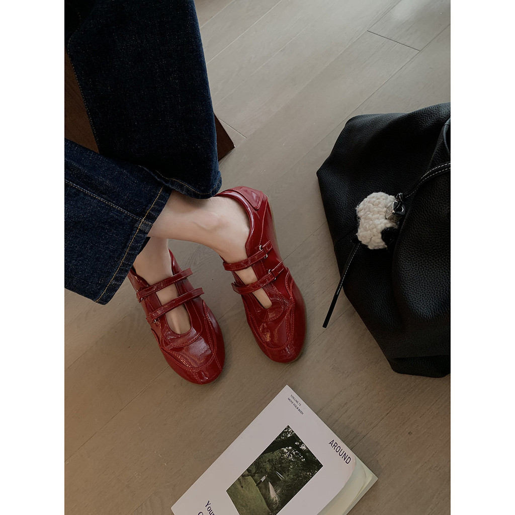 Cowhide Version~Ballet shoes with double Velcro straps, hollowed-out round toe, versatile slip-on ca