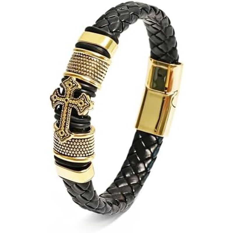 Leather Cross Bracelet for Men, Genuine Leather Wristband with Stainless Steel Cross Charm, Jesus Br