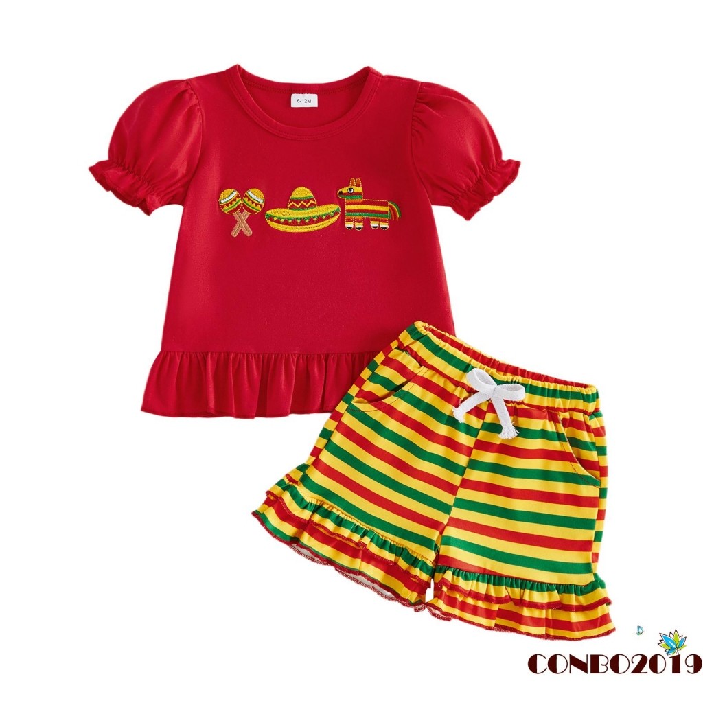 HGM-Toddler Bé Gái Cinco de Mayo Trang Phục Thêu Xù Viền Cổ Tròn Áo Tay Ngắn Và Quần Short Sọc Bộ 2 