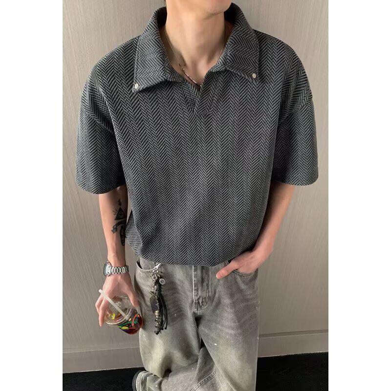 American High Street Crow 's Bone Pattern Áo Sơ Mi Polo Tay Ngắn Áo Thun Nam Mùa Hè Hợp Thời Trang H