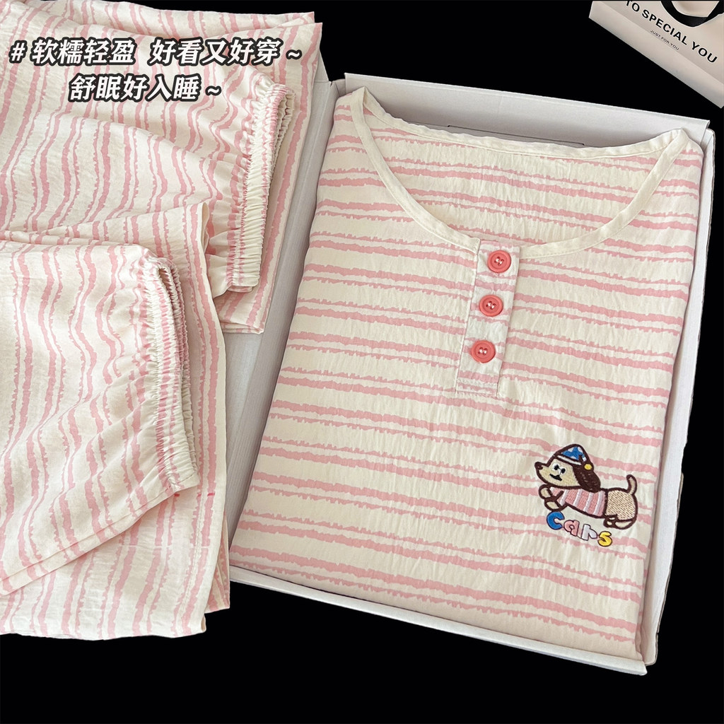 Mùa Hè Mây Cotton Pyjama Bộ Nữ Tay Ngắn Cao Cấp 3 Bộ Đồ Ngủ Phù Hợp Với Đồ Ngủ