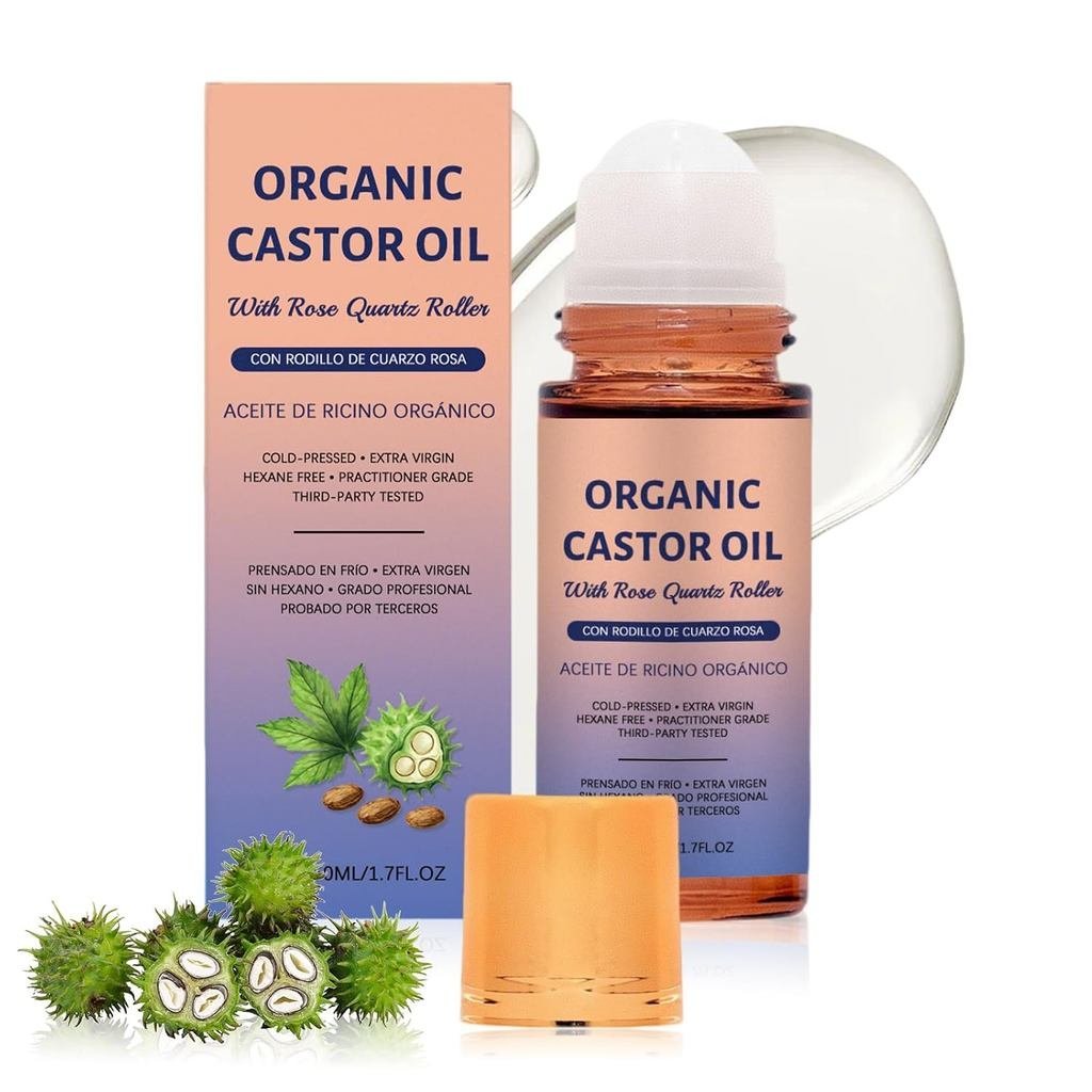 OrganicCastorOilwithRoseQuartzRoller, CastorOilRoll-OnwithRoseQuartzfor, Brows & Lash, 1.7floz, 100%