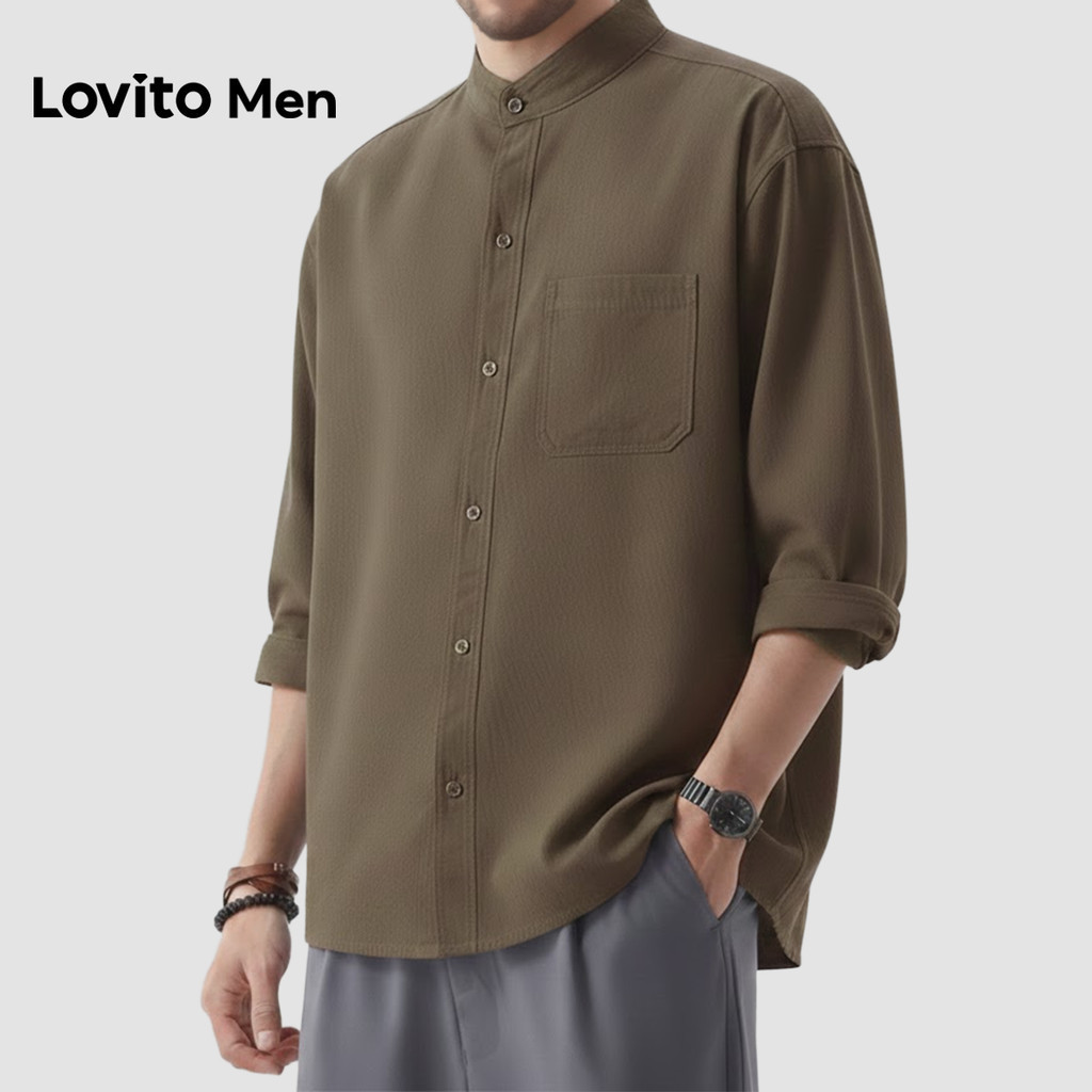 Lovito Men  Áo sơ mi nam tay ngắn, có nút cài, túi màu xanh. LNE138121