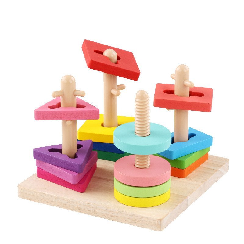 Factory direct sale in-stock children's wooden rotating column building blocks toy Kindergarten and 