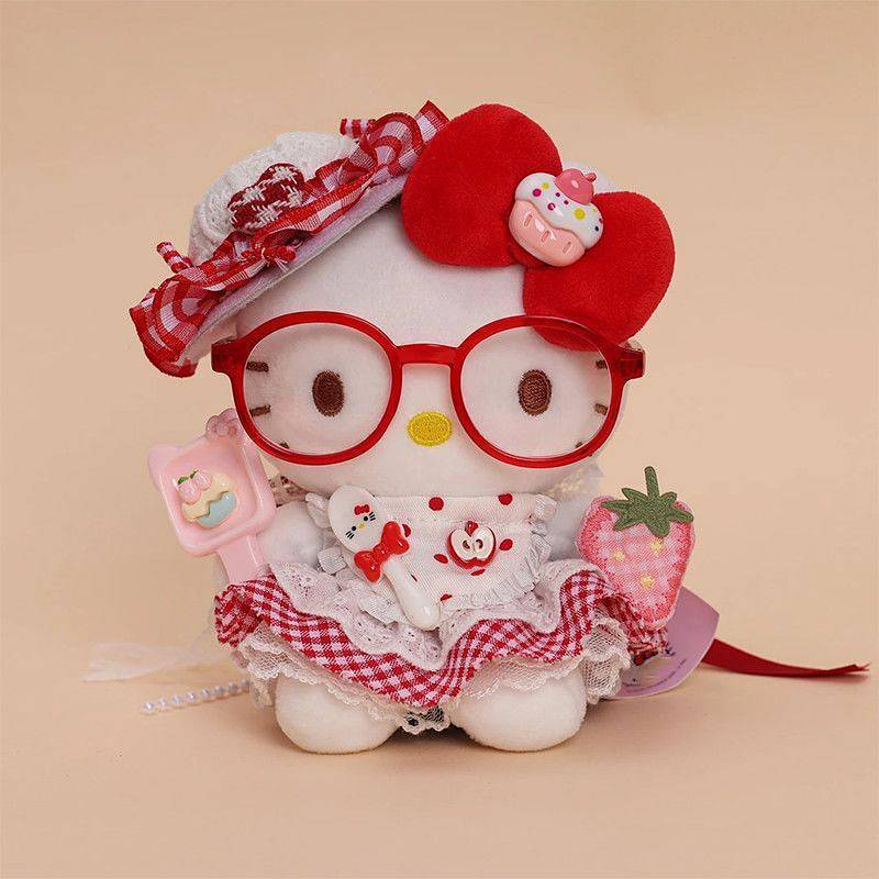 Red Plaid Dress Glasses Kitty Plush Doll Keychain Girl Heart Cute Hello Kitty School Bag Hanging Pie