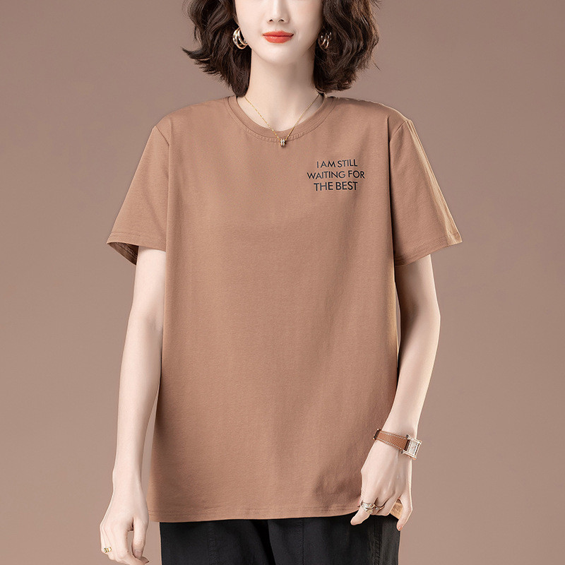 round Neck Short-Sleeved T-shirt Women's Summer plus-Sized plus Size Women's Loose Mom Casual Cotton