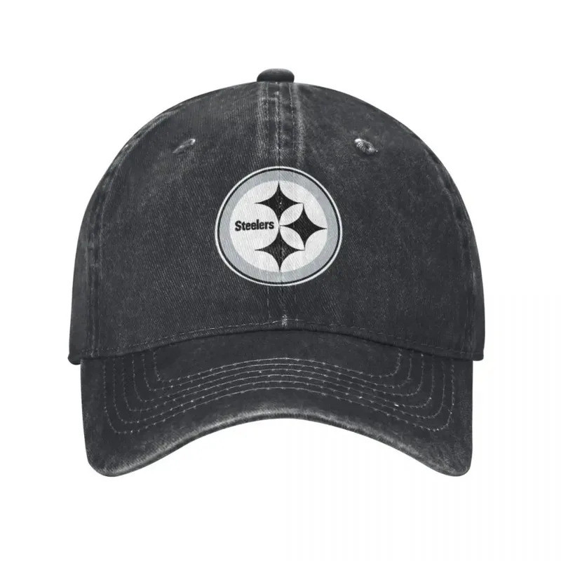 Đen trắng Steeler logo mũ bóng chày denim vintage, phong cách chạy ngoài trời unisex