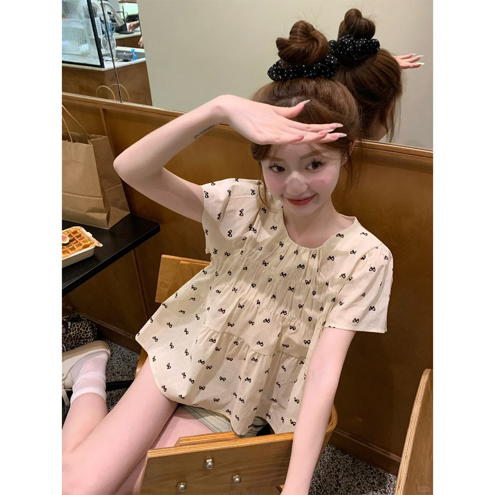 áo trễ vai tay bèo áo bayby doll Tay ngắn nữ mùa hè rộng rãi xếp ly sang trọng nơ in hoa
