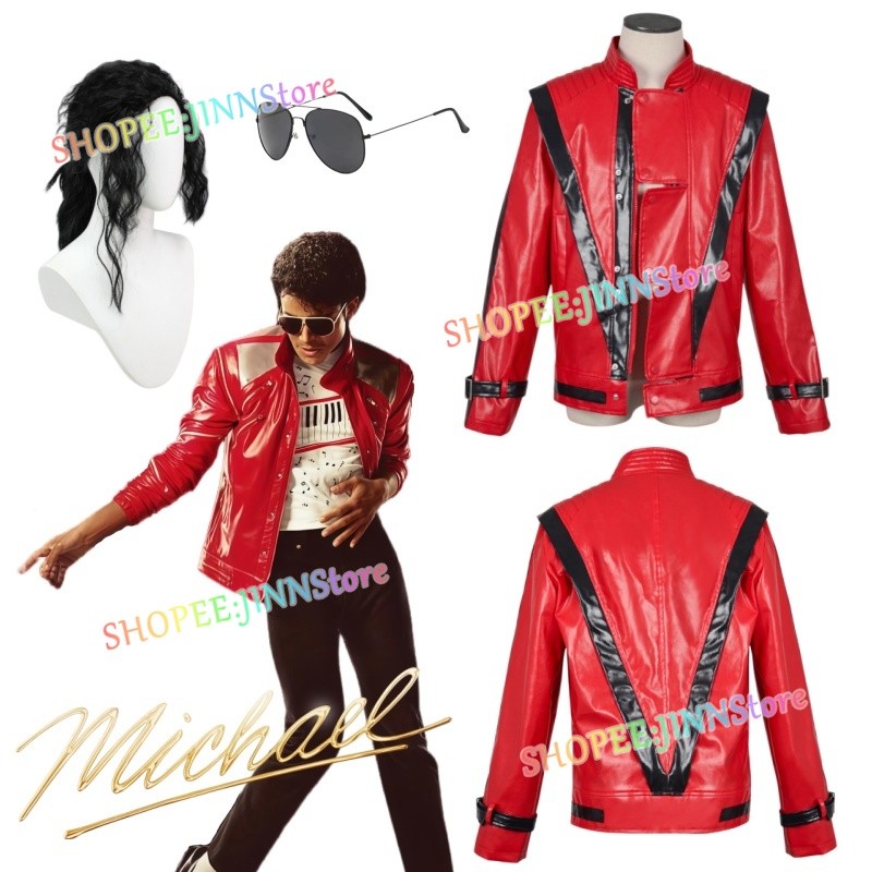 -JINN-Film MICHAEL Cosplay Trang Phục MICHAEL JACKSON Áo Khoác Da Đỏ Tóc Giả Bộ Kính Mát Anime Trang