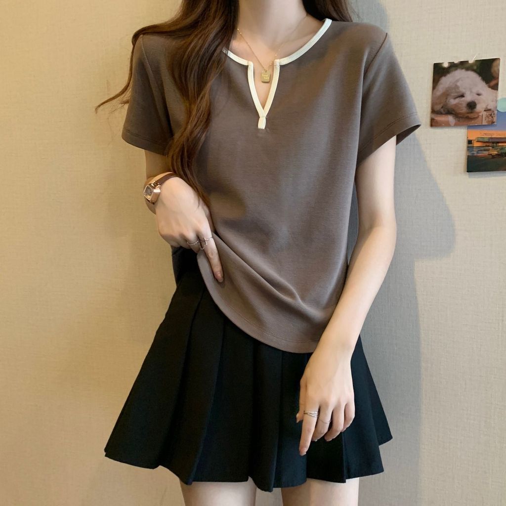 150kg Plus Size Quần Áo Nữ Béo mm Cover Thịt Mùa Hè Cổ Chữ V Giảm Tuổi Vai Chính Thức Tay Ngắn Phù H