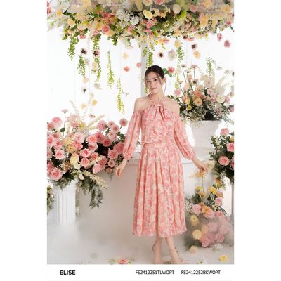 Áo chiffon hoa ginkgo hồng hở vai nơ cổ thiết kế Elise FS2412251TLWOPT