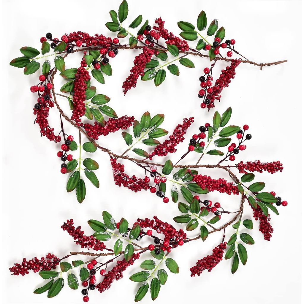 DearHouse 6Feet Red Berry Vòng hoa Giáng sinh có lá xanh có dây Giáng sinh Berry Vòng hoa Vòng hoa V