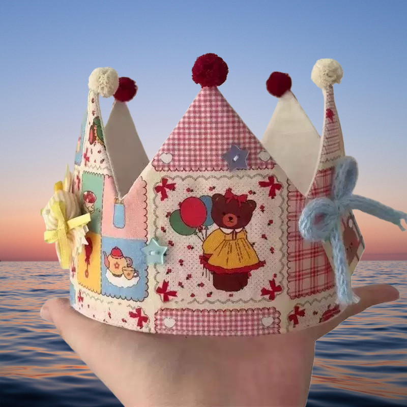 Pink Bow Bear Birthday Crown Đạo cụ ảnh dự tiệc hoạt hình
